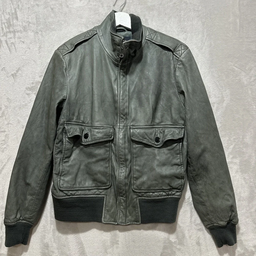 Vintage‎ 90s BANANA REPUBLIC Grey Leather Jacket Men's Size M Bomber Aviator